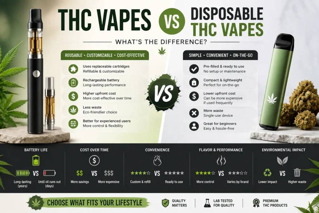 THC Vapes vs Disposable THC Vapes comparison infographic showing cost, battery life, convenience and performance differences