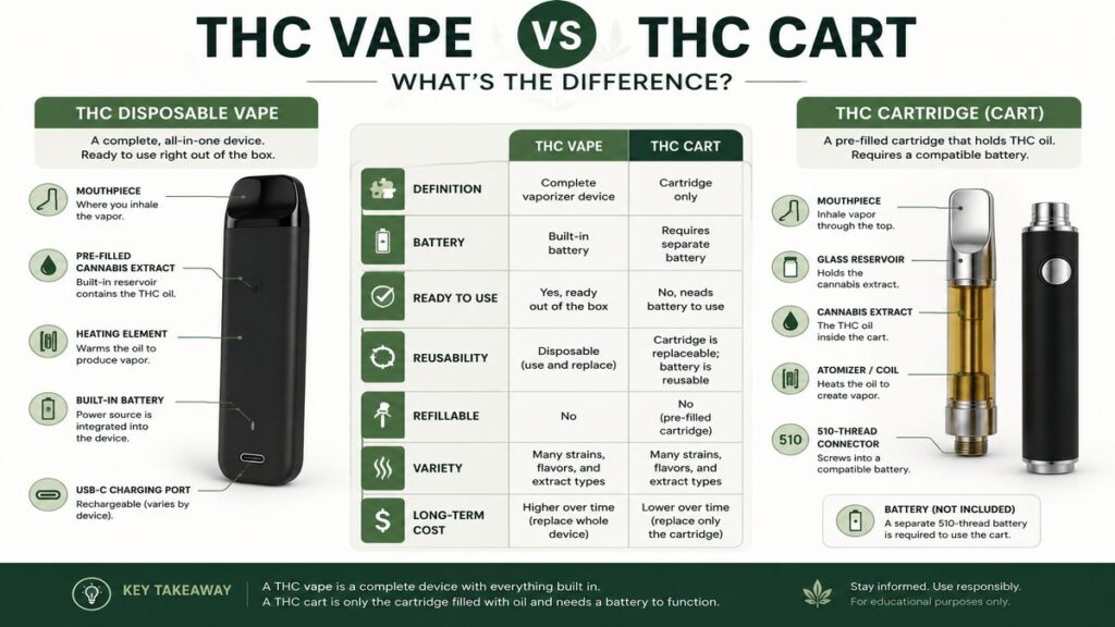 Comparison infographic showing the differences between a THC vape and a THC cartridge, including components, battery requirements, and hardware design.